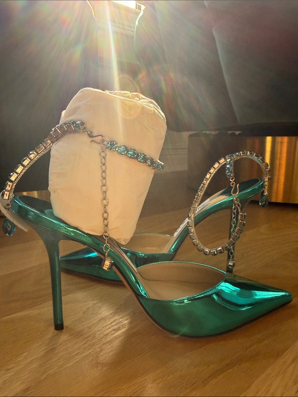 Jimmy Choo Saeda 100 Metallic Teal Pointed Toe Heels with Crystal Anklet - Picture 13 of 16